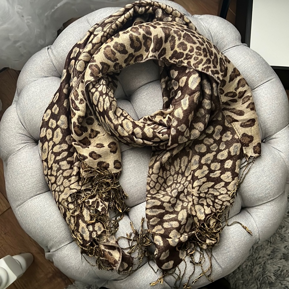 Brown Leopard Print Pashmina Scarf with Fringe